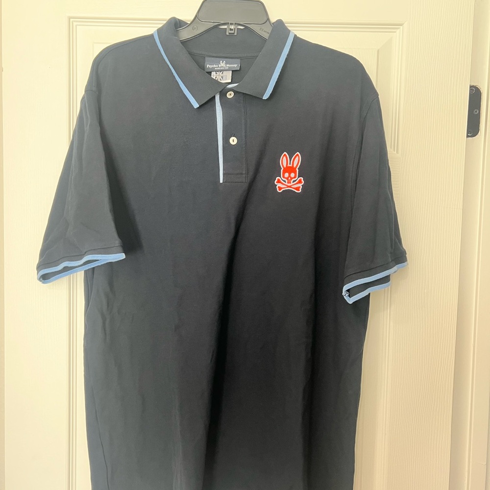 Psycho Bunny Black Polo with Light Blue Trim and Red Logo